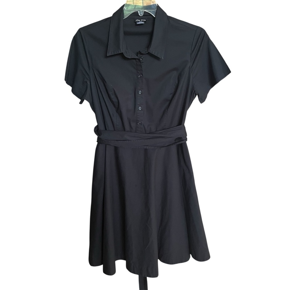 City Chic Elegant Black Fit and Flare Shirt Dress Tie Waist Pockets Size 16